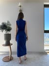 Omuz ve Bel Drape Detay Yırtmaçlı Uzun Sandy Elbise Saks Mavisi 2286