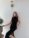 Omuz ve Bel Drape Detay Yırtmaçlı Uzun Sandy Elbise Siyah 2286