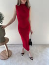 Omuz ve Bel Drape Detay Yırtmaçlı Uzun Sandy Elbise Kırmızı 2286