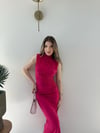 Omuz ve Bel Drape Detay Yırtmaçlı Uzun Sandy Elbise Fuşya 2286