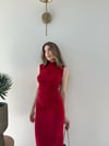 Omuz ve Bel Drape Detay Yırtmaçlı Uzun Sandy Elbise Kırmızı 2286