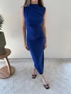 Omuz ve Bel Drape Detay Yırtmaçlı Uzun Sandy Elbise Saks Mavisi 2286