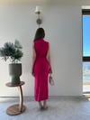 Omuz ve Bel Drape Detay Yırtmaçlı Uzun Sandy Elbise Fuşya 2286