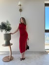 Omuz ve Bel Drape Detay Yırtmaçlı Uzun Sandy Elbise Kırmızı 2286