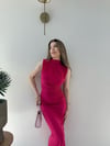 Omuz ve Bel Drape Detay Yırtmaçlı Uzun Sandy Elbise Fuşya 2286