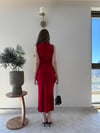 Omuz ve Bel Drape Detay Yırtmaçlı Uzun Sandy Elbise Kırmızı 2286