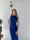 Omuz ve Bel Drape Detay Yırtmaçlı Uzun Sandy Elbise Saks Mavisi 2286