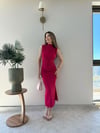 Omuz ve Bel Drape Detay Yırtmaçlı Uzun Sandy Elbise Fuşya 2286