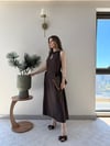 Ön Damla Dekolte Detay Bel Drape Can Etek Detay Uzun Elbise Acı Kahve 2337