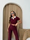 OTTOMAN GÖMLEK DETAY BLUZ VE PANTOLONLU İKİLİ TAKIM BORDO