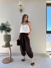 Paça Lastikli Bel İnce Kemer Detay Balon Tensel Pantolon Kahve 2282
