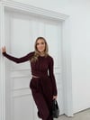 PARMAK GEÇME DETAY TERS DİKİŞ BLUZ VE PANTOLONLU GOFRE İKİLİ TAKIM MÜRDÜM