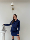 Polo Yaka Belden Drape Detay Modal Elbise Lacivert 2044