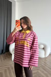 Polo Yaka Çizgili Yazı Detay Oversize Sweat Pembe 2478