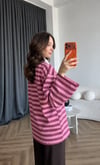 Polo Yaka Çizgili Yazı Detay Oversize Sweat Pembe Beyaz Yaka2478