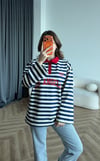 Polo Yaka Çizgili Yazı Detay Oversize Sweat Lacivert 2478