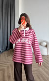 Polo Yaka Çizgili Yazı Detay Oversize Sweat Pembe Beyaz Yaka2478