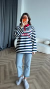 Polo Yaka Çizgili Yazı Detay Oversize Sweat Lacivert 2478
