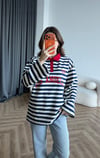 Polo Yaka Çizgili Yazı Detay Oversize Sweat Lacivert 2478