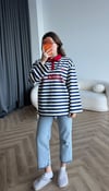 Polo Yaka Çizgili Yazı Detay Oversize Sweat Lacivert 2478