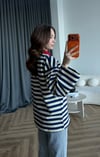 Polo Yaka Çizgili Yazı Detay Oversize Sweat Lacivert 2478