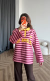 Polo Yaka Çizgili Yazı Detay Oversize Sweat Pembe 2478