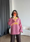 Polo Yaka Çizgili Yazı Detay Oversize Sweat Pembe 2478