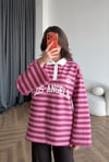 Polo Yaka Çizgili Yazı Detay Oversize Sweat Pembe Beyaz Yaka2478