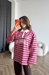 Polo Yaka Çizgili Yazı Detay Oversize Sweat Pembe Beyaz Yaka2478