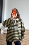 Polo Yaka Çizgili Yazı Detay Oversize Sweat Yeşil 2478