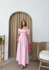 PONPONLU GİPELİ KETEN UZUN ELBİSE PEMBE