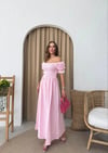 PONPONLU GİPELİ KETEN UZUN ELBİSE PEMBE