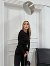 ŞAL YAKA BLUZ VE PANTOLONLU SELANİK KUMAŞ İKİLİ TAKIM SİYAH
