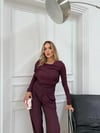 ŞAL YAKA BLUZ VE PANTOLONLU SELANİK KUMAŞ İKİLİ TAKIM MÜRDÜM