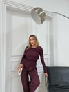 ŞAL YAKA BLUZ VE PANTOLONLU SELANİK KUMAŞ İKİLİ TAKIM MÜRDÜM