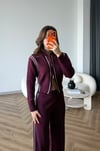 Şerit Detay Çift Fermuarlı Hırka ve Pantolonlu Triko Takım Bordo 2529