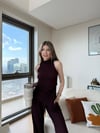 Sıfır Kol Asimetrik Detay Bluz ve Pantolonlu İkili Gofre Takım Mürdüm 2159