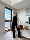 Sıfır Kol Asimetrik Detay Bluz ve Pantolonlu İkili Gofre Takım Siyah 2159