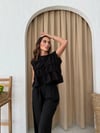 SIFIR KOL DİKİŞ DETAY BLUZ VE PANTOLONLU KETEN İKİLİ TAKIM SİYAH