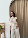 SIFIR KOL DİKİŞ DETAY BLUZ VE PANTOLONLU KETEN İKİLİ TAKIM KREM