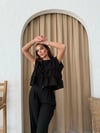 SIFIR KOL DİKİŞ DETAY BLUZ VE PANTOLONLU KETEN İKİLİ TAKIM SİYAH