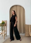 SIFIR KOL DİKİŞ DETAY BLUZ VE PANTOLONLU KETEN İKİLİ TAKIM SİYAH