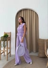 SIFIR KOL DİKİŞ DETAY BLUZ VE PANTOLONLU KETEN İKİLİ TAKIM LİLA