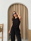 Sıfır Kol Drape Detay Bluz ve İspanyol Paça Pantolonlu Gofre İkili Takım Siyah 2101