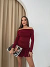 SİMLİ MADONNA YAKA BALON ETEK ELBİSE BORDO