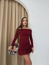 SİMLİ MADONNA YAKA BALON ETEK ELBİSE BORDO
