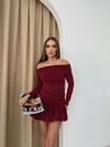 SİMLİ MADONNA YAKA BALON ETEK ELBİSE BORDO