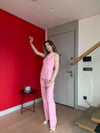 Sırt Dekolte Bağlama Detay Bluz ve Pantolonlu İkili Takım Pembe 2188