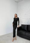 SIRT DEKOLTE DETAY SANDY UZUN ELBİSE SİYAH
