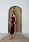 STRAPLEZ ARKA YIRTMAÇLI UZUN LİKRALI ELBİSE BORDO
